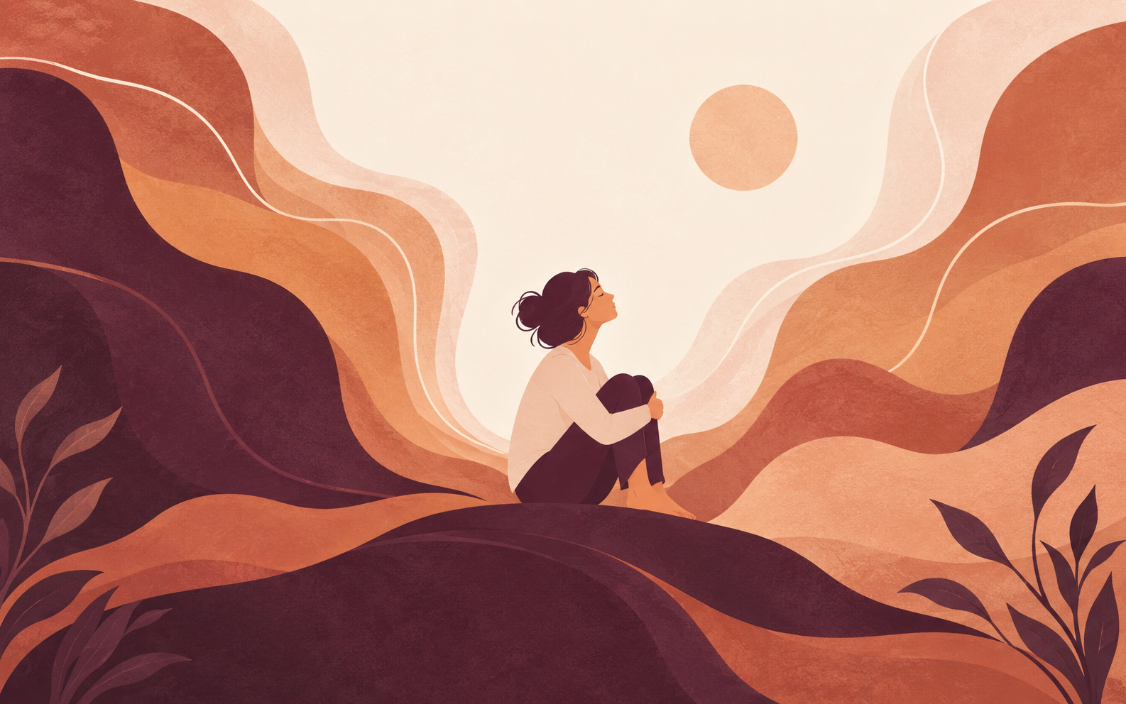 Illustrazione astratta di una persona che osserva segnali interiori tra forme calde e stratificate.
