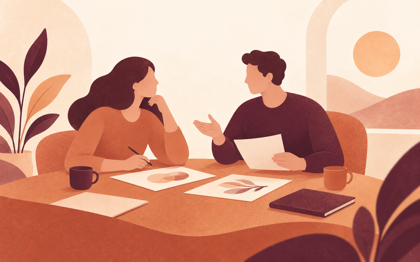 Due professionisti dialogano e lavorano insieme attorno a un tavolo.